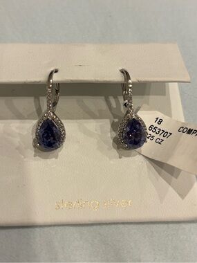 CO Sterling Silver Teardrop Purple CZ Dangle Earrings